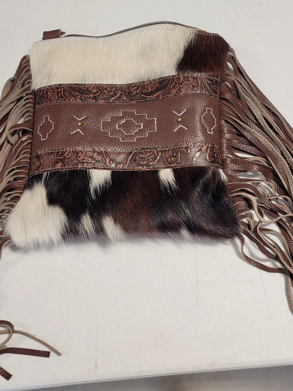 Fringe Crossbody Bag with Cowhide and Tooled Leather - Brown/White - Picture 1 of 7